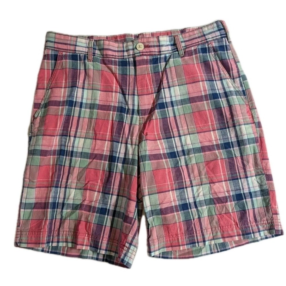 IZOD Shorts Mens 34 Tan Blue Plaid 9" Inseam Chino Flat Front Golf Summer